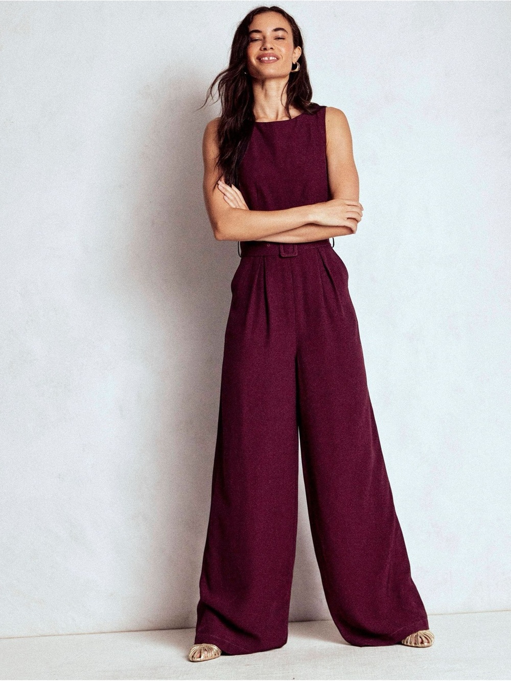 Boden • Gwen slash neck dark cherry belted jumpsuit